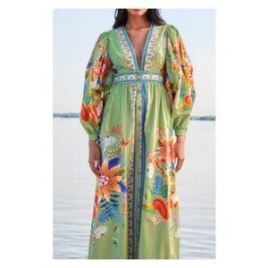 Farm Rio Green Bright YardMaxi Dress Cotton Sz L Green Coral Red Blue $295